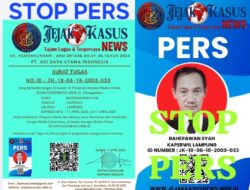 PENGUMUMAN RESMI REDAKSI: Kartu Identitas Kaperwil Lampung Media Jejakkasusnews.web.id Dinyatakan Tidak Berlaku Jika Disalahgunakan